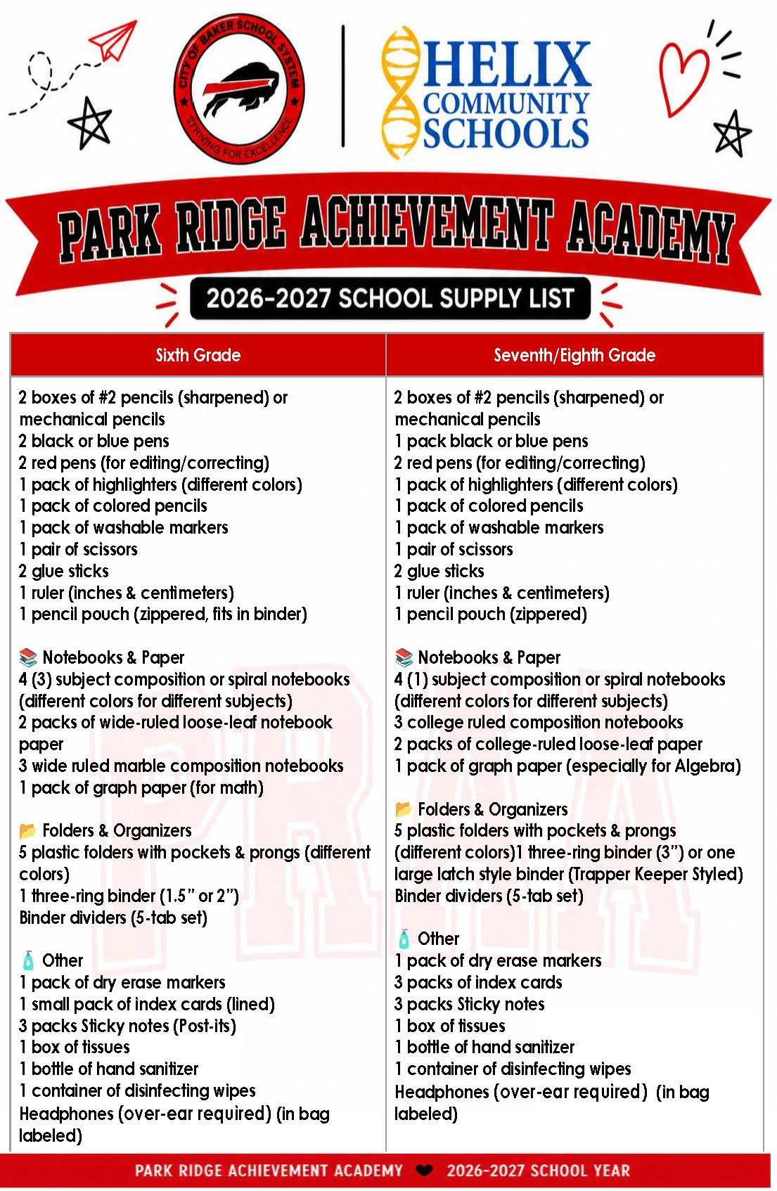 School Supply List for 6-8th grades